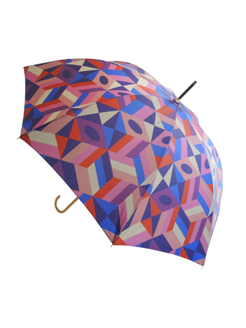 Luxury slim umbrella with stunning monochrome canopy design, elegant black frame and striking gold handle by David David, a fashion accessories brand and print studio based in London England, specialising in bold geometric print
