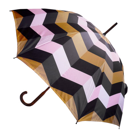 Luxury double canopy umbrella with maple wood handle and shaft by David David, a fashion accessories brand and print studio based in London England, specialising in bold geometric print