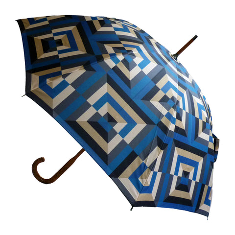 Luxury double canopy umbrella with maple wood handle and shaft by David David, a fashion accessories brand and print studio based in London England, specialising in bold geometric print