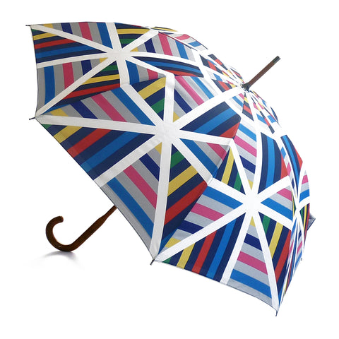 Luxury double canopy umbrella with maple wood handle and shaft by David David, a fashion accessories brand and print studio based in London England, specialising in bold geometric print