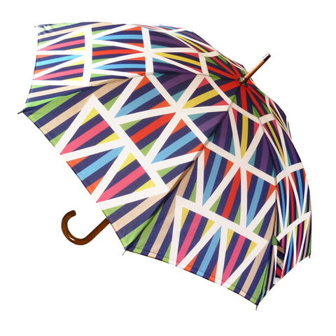 Luxury double canopy umbrella with maple wood handle and shaft by David David, a fashion accessories brand and print studio based in London England, specialising in bold geometric print