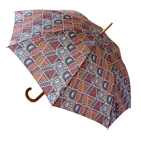 Luxury double canopy umbrella with maple wood handle and shaft by David David, a fashion accessories brand and print studio based in London England, specialising in bold geometric print